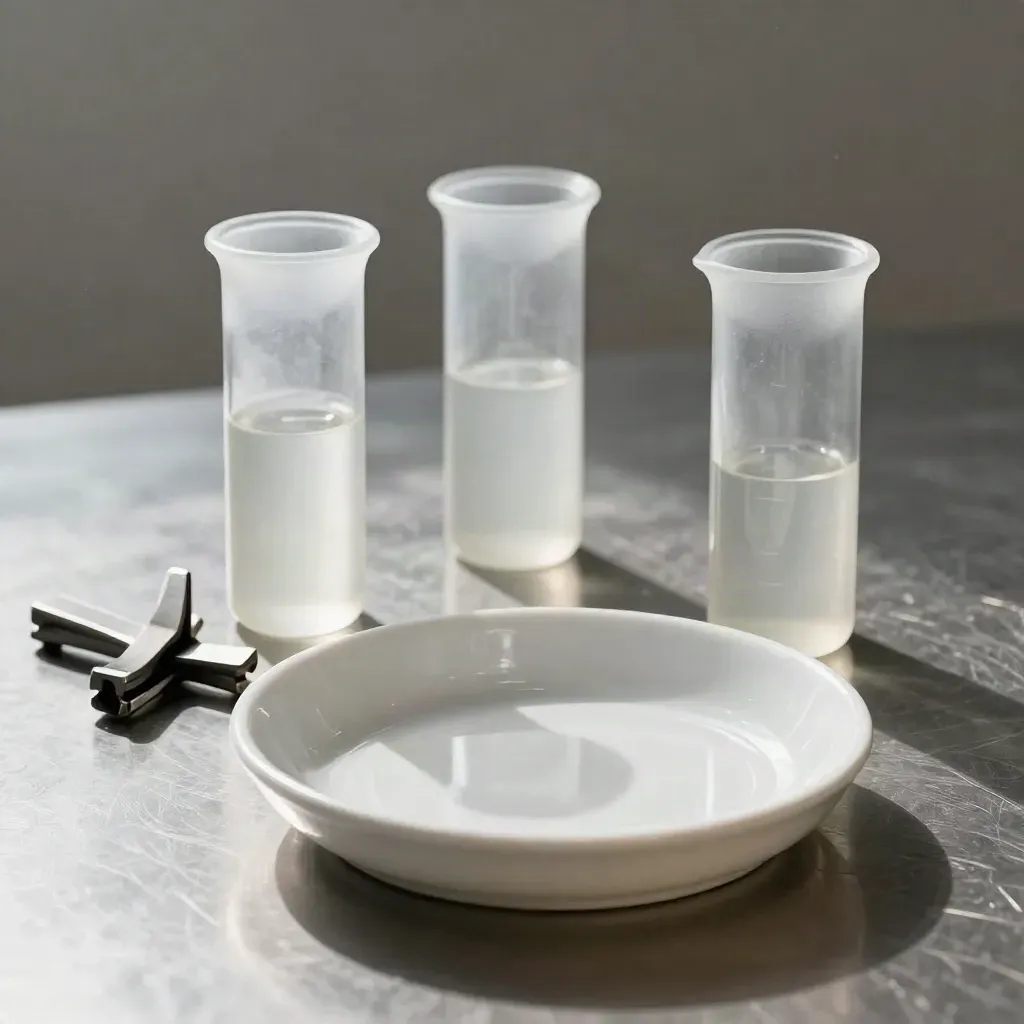 Lab sample vials, a ceramic dish, and an open clamp on brushed metal in dramatic studio light.