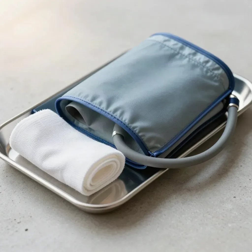 Blood pressure cuff, folded medical wrap, and steel tray edge on pale concrete
