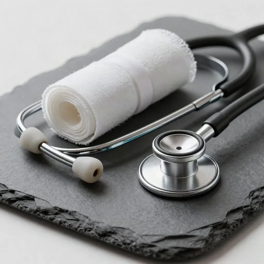 Macro medical still life of stethoscope, kidney dish and gauze on slate.
