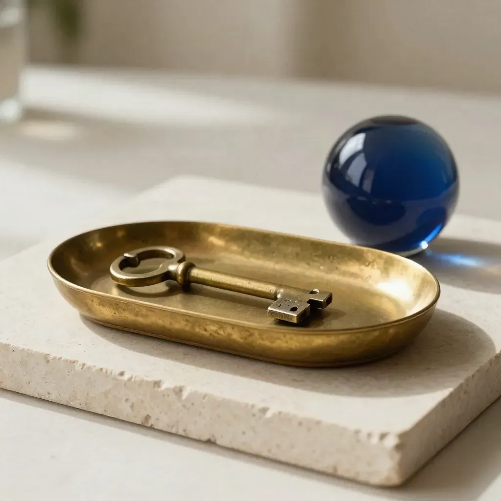 Brass vault key, coin tray, and paperweight on cream stone in a premium bank still life.