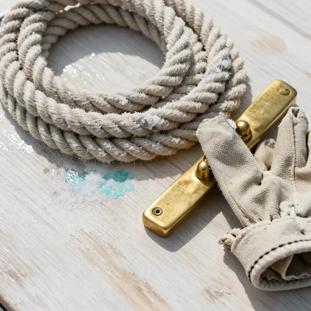 Salted rope coil, brass cleat and canvas cuff on pale brushed wood, overhead macro.