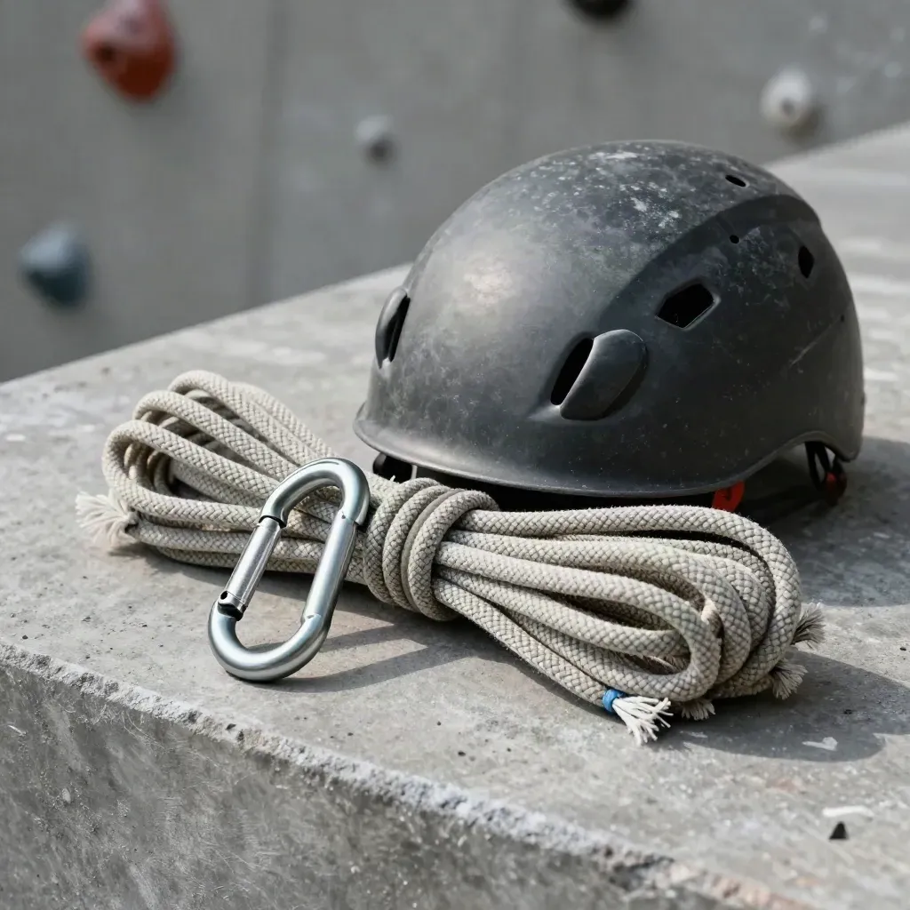 Climbing gear still life with carabiner, helmet shell and rope on grey concrete.