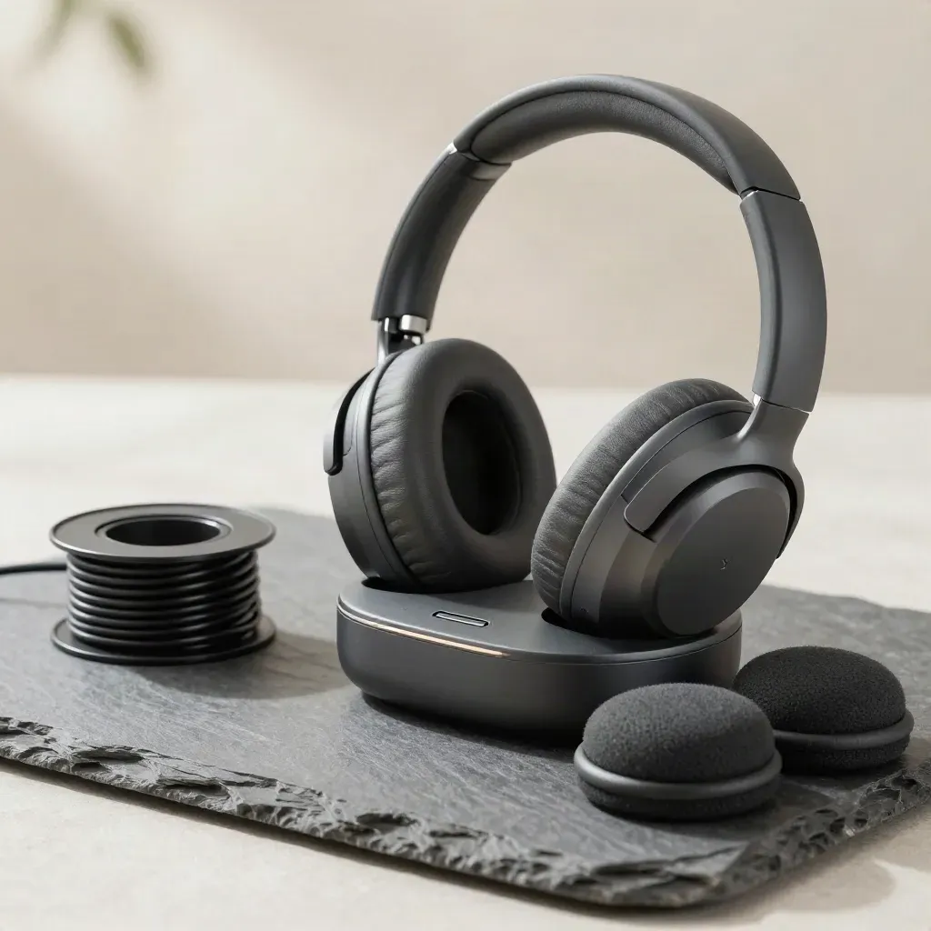 Wireless headsets on a charging cradle with cable spool and foam ear pads in a sleek macro still life.