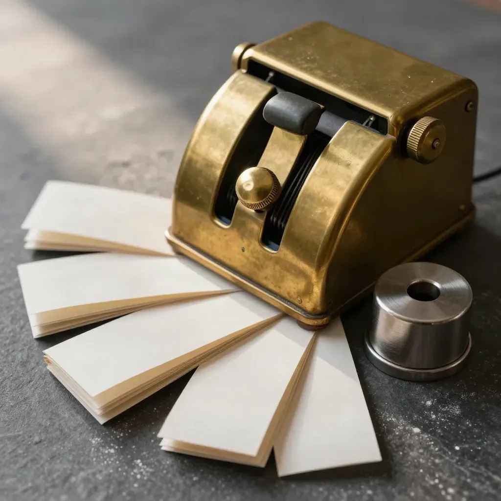 Brass tally counter beside receipt rolls and a steel paperweight on charcoal stone