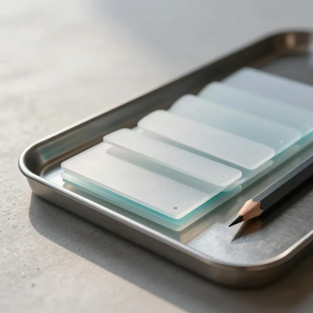 Frosted acrylic tabs, pencil stub and steel tray in a tight overhead macro still life.
