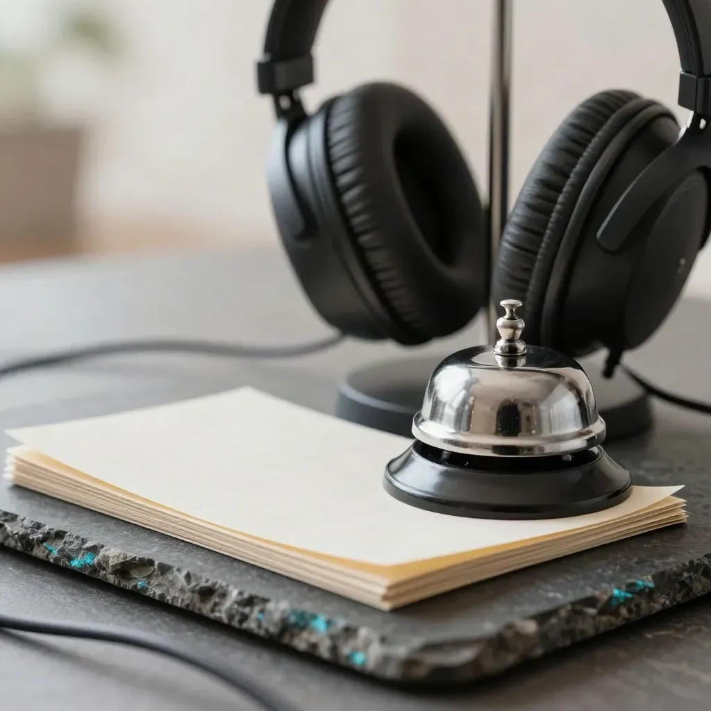 Macro still life of a headset, queue bell and call slips on dark stone with soft office bokeh.