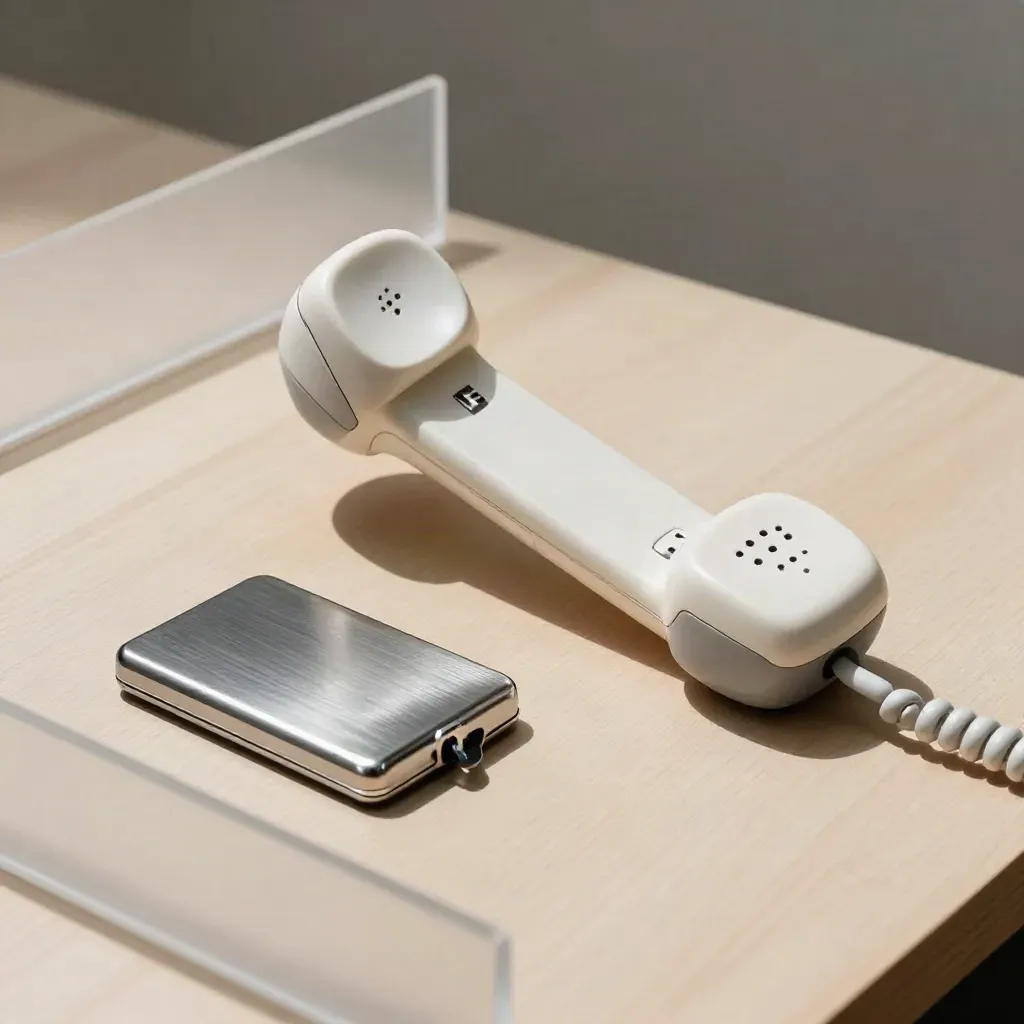 Wireless handset, metal card case and chrome timer on pale wood, shot overhead through soft foreground blur.