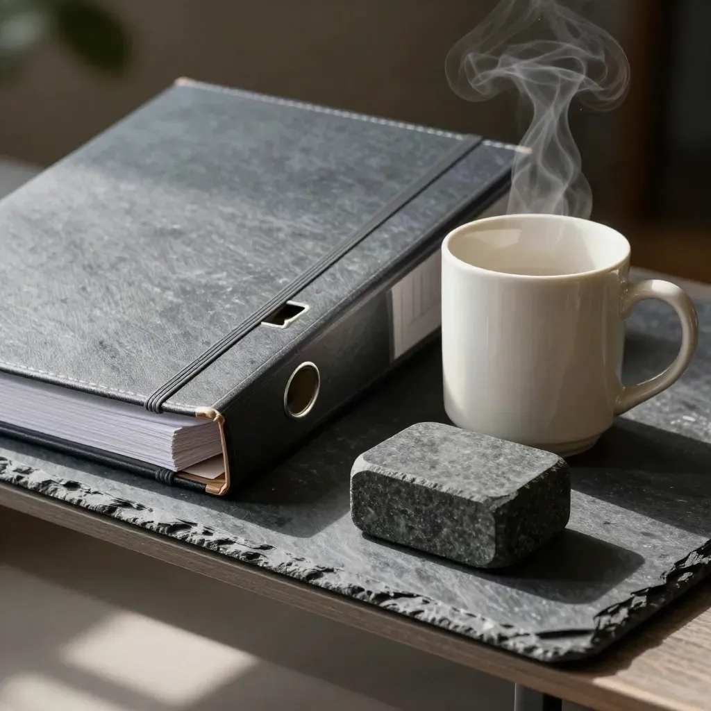 Slate shelf still life with binder, steaming mug, and stone paperweight.
