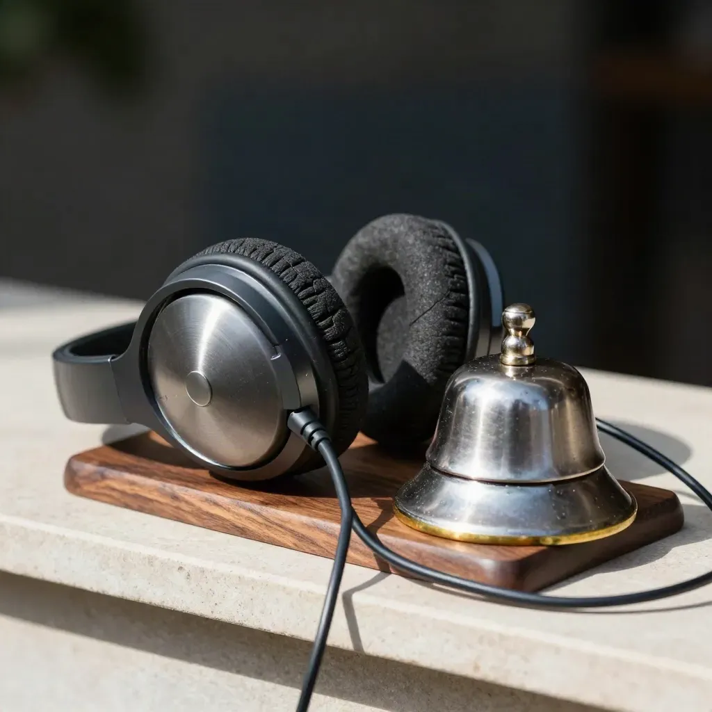 Macro still life of a worn support headset, queue bell and cable on walnut, lit with soft daylight.