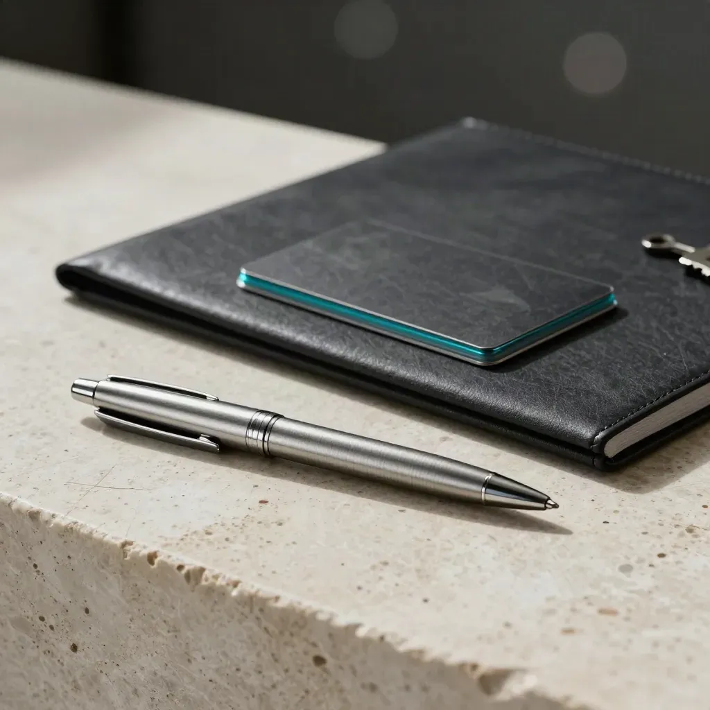 Brushed steel pen, sealed deal folder and card case on pale stone in dramatic light.