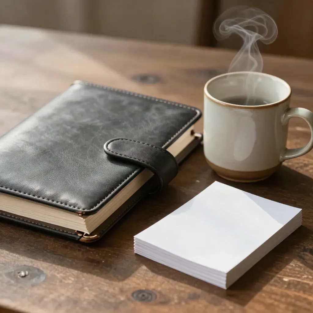 Binder, steaming mug and note cards on dark oak, top-down macro still life.