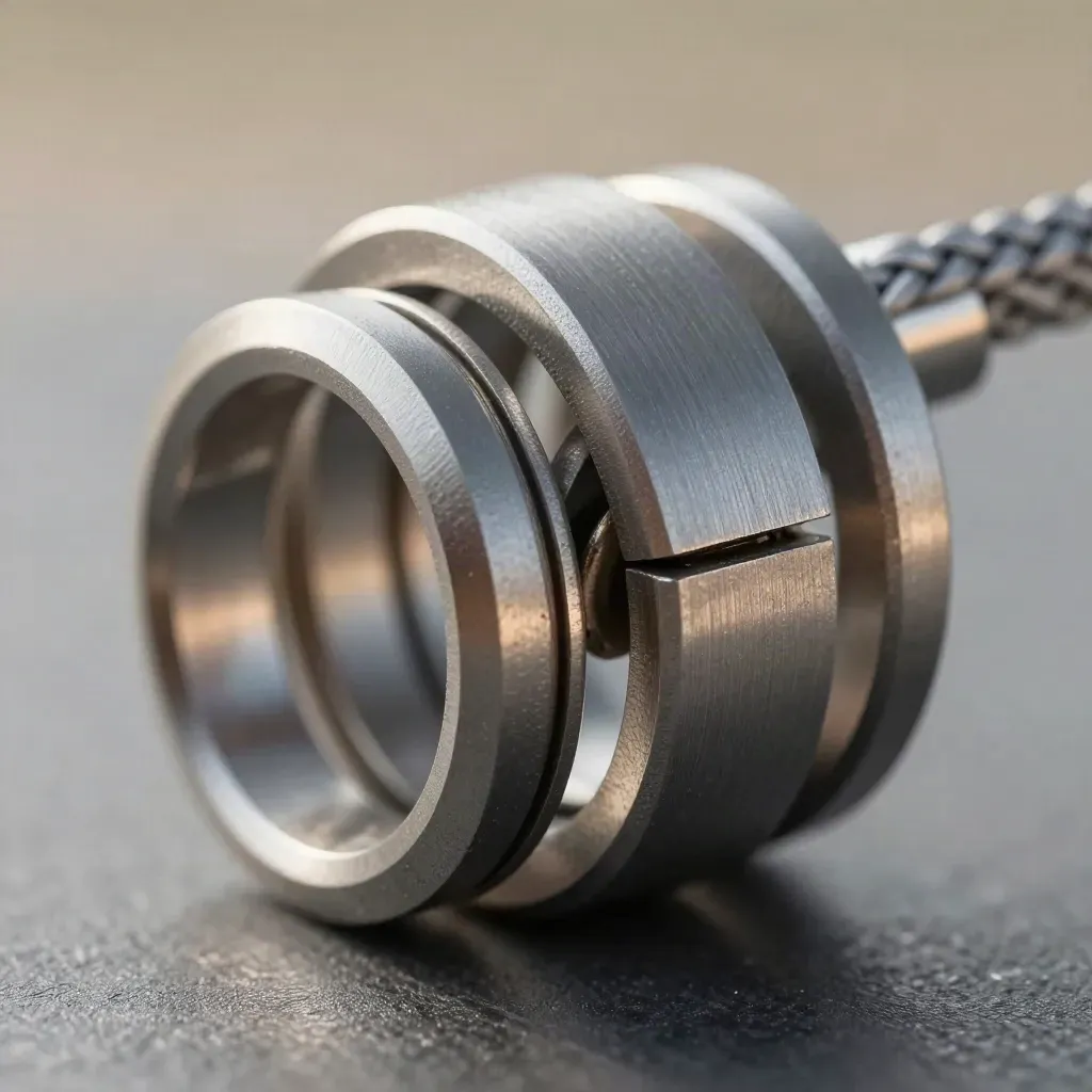 Macro of aluminum rings, connector block, and braided cable on brushed steel.