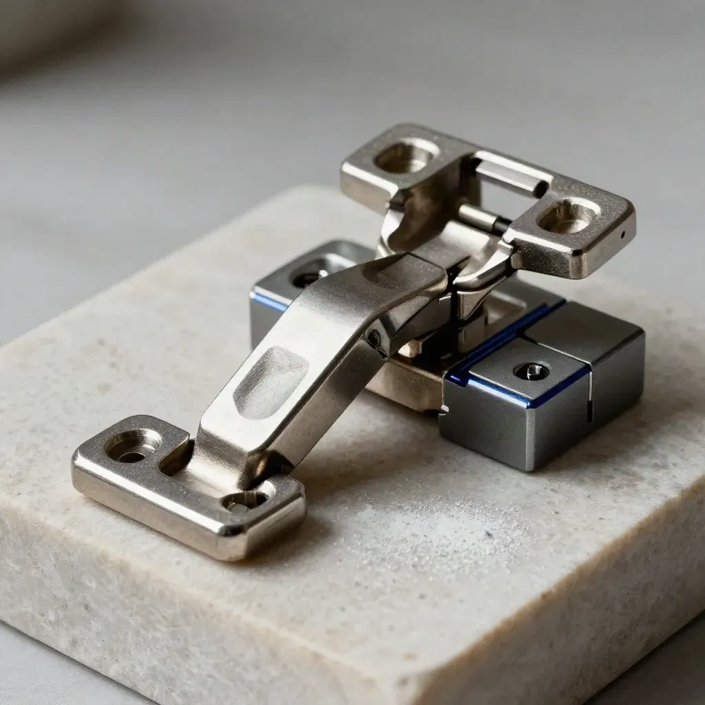Precision metal connectors assembled on pale stone in a dramatic premium still life.