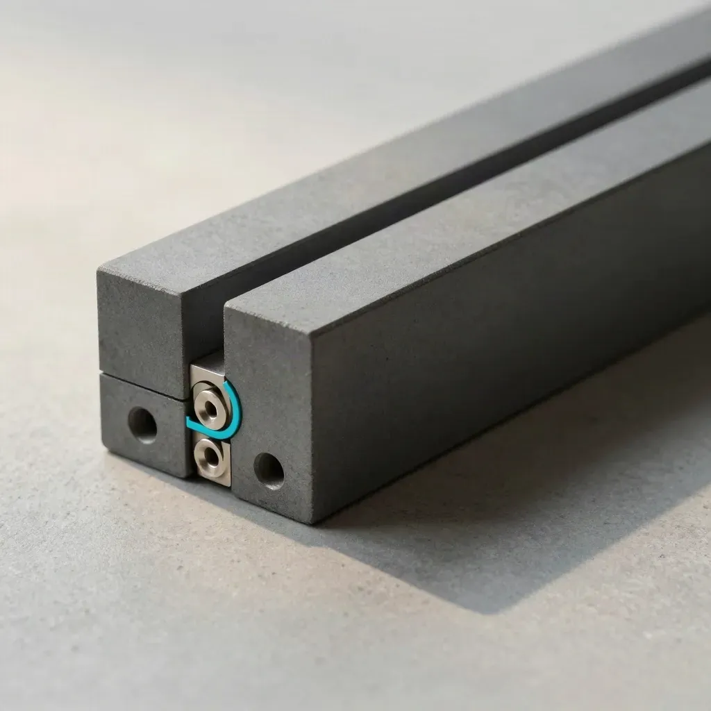 Graphite modular connectors on satin concrete in a diagonal macro close-up.