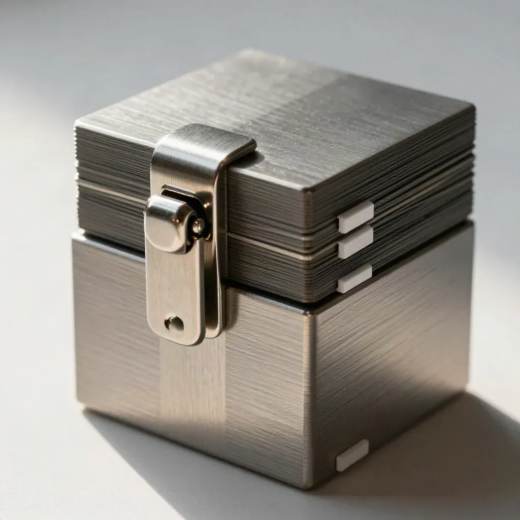 Brushed metal precision cubes locked shut, a premium integration still life on cool graphite steel.