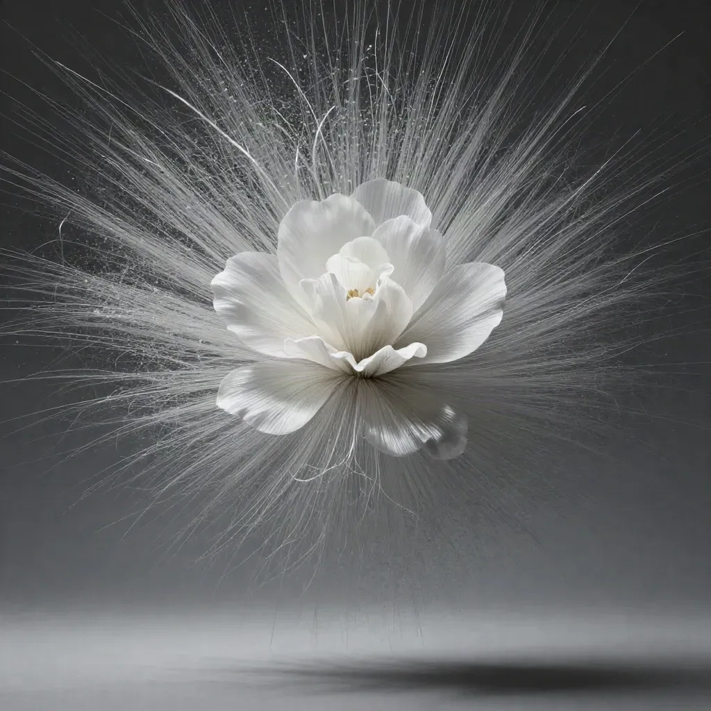 Silver light filaments bloom in graphite space with drifting motes and calm copy area.